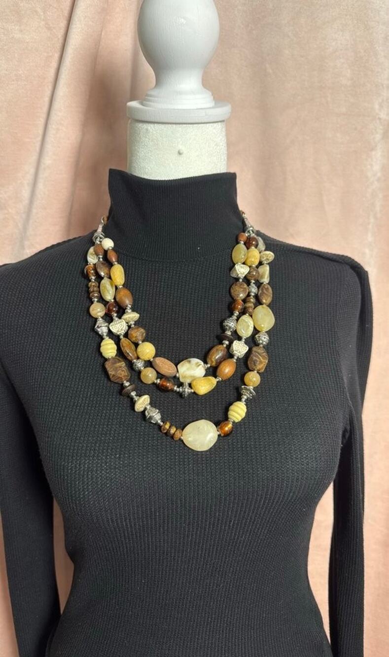 Vintage Multi-Strand Beaded Necklace with Natural Stone and Metal Accents